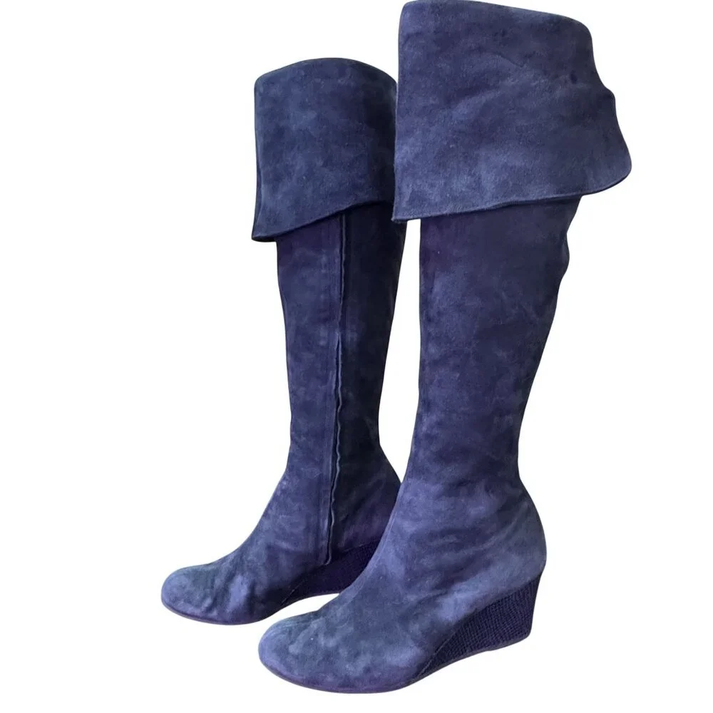 Casini by Jennifer Tattanelli Womens Navy Suede Knee High Wedge Boots EU 38.5